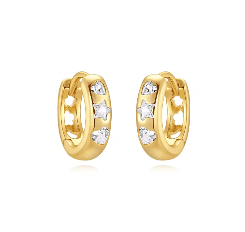 Double Crystal Hearts Star Huggie Hoops