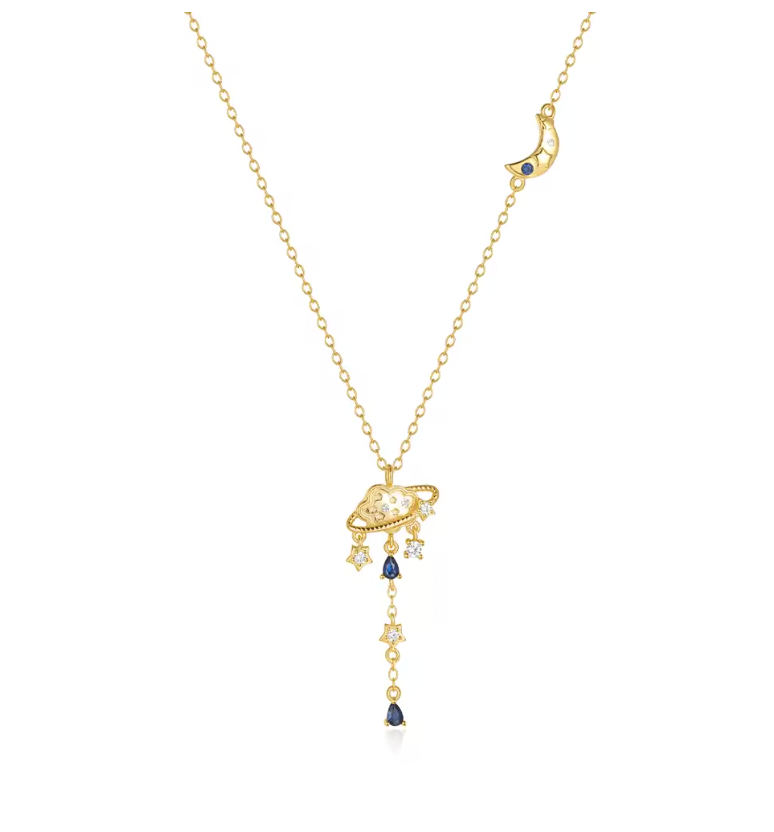 Royal Blue Galaxy Moon Lariat Necklace