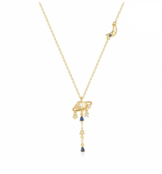 Royal Blue Galaxy Moon Lariat Necklace