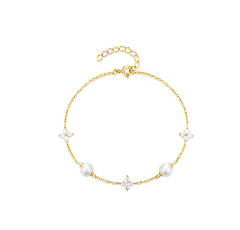 Triple Four Petals Double Pearls Bracelet