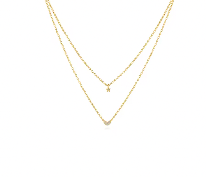 Pave Star Heart Double Layered Necklace