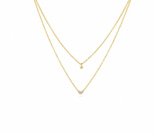 Pave Star Heart Double Layered Necklace