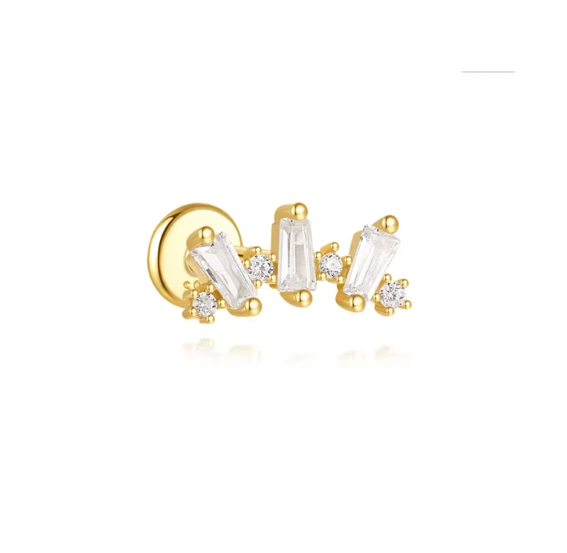 Triple Curved Baguettes Circles Stud Earring