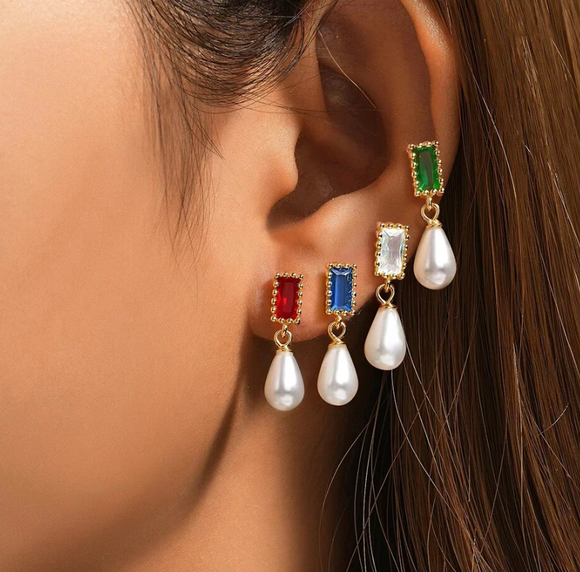 Baguette with Dangling Pearl Stud