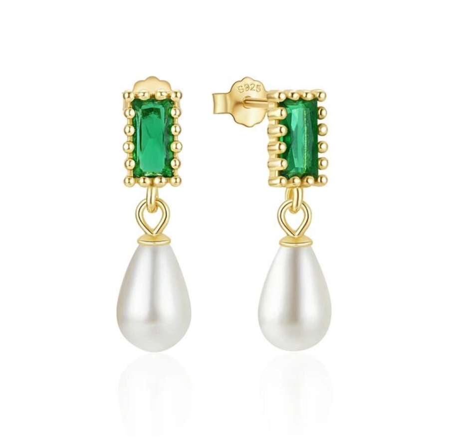 Baguette with Dangling Pearl Stud