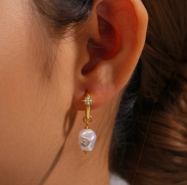 Pearl Charm North Star Huggie Hoop