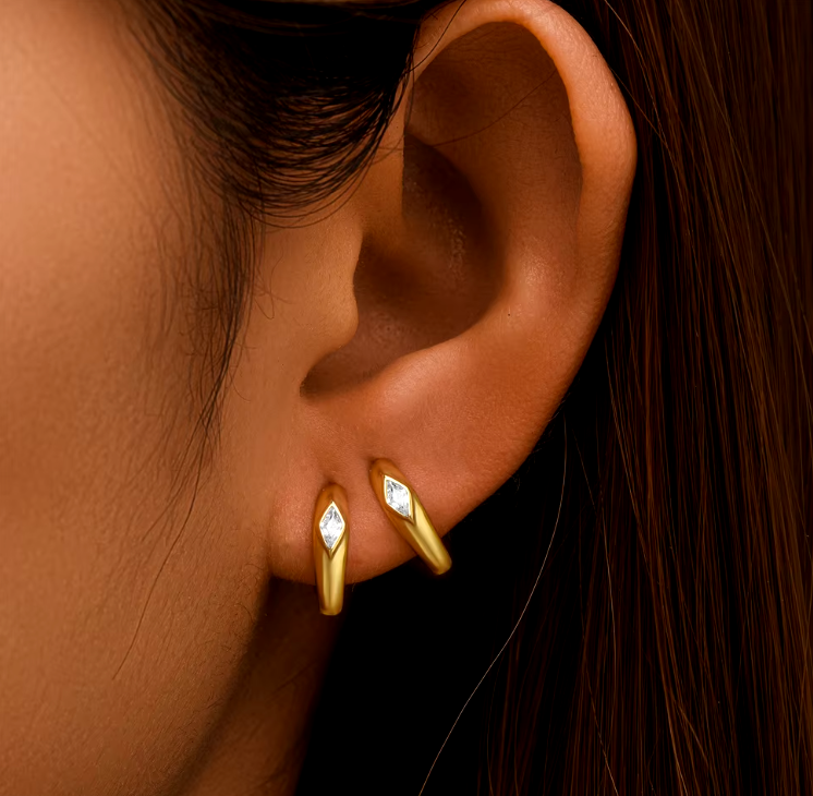 Crystal Rhombus on Bold Huggie Hoops