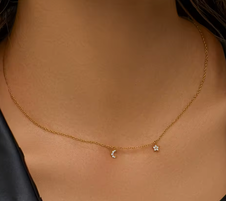 Dangling Pavé Moon Star Charms Necklace