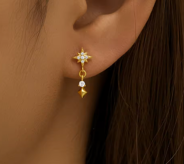 Pavé North Star with Dangling Circle & Rhombus Stud Earring