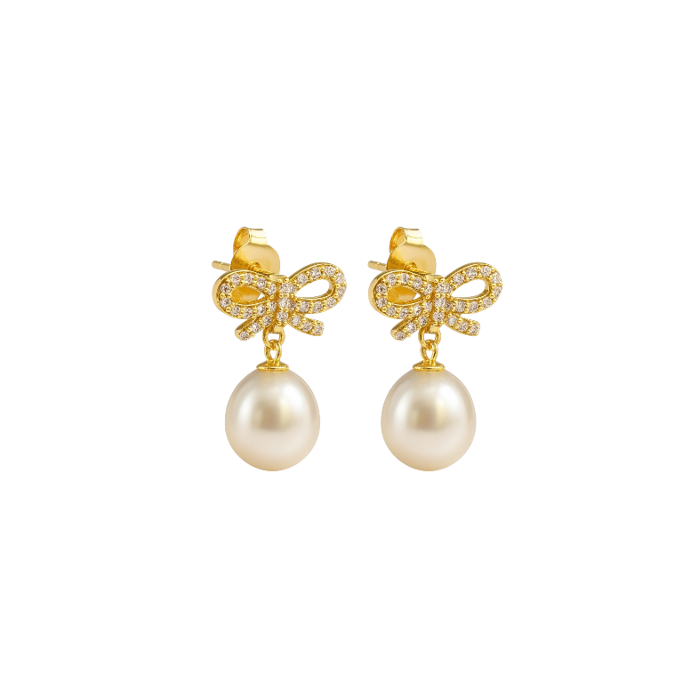 Pavé Bow Pearl Drop Stud