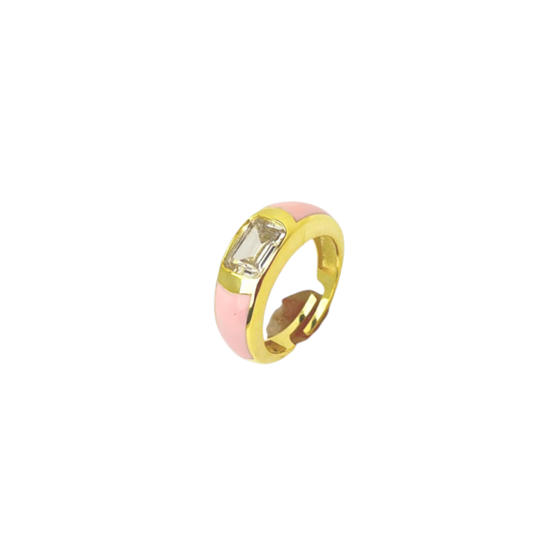 Light Pink Enamel Crystal Baguette Band Ring