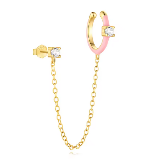Pink Earcuff & Crystal on Chain Earring