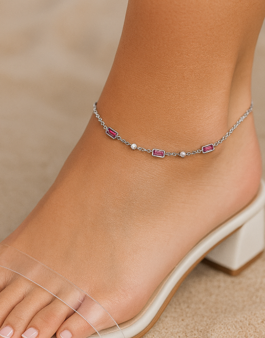 Pink Baguettes & White Circles Anklet
