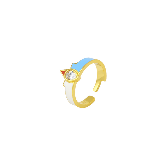 Blue White Enamel Ring with Crystal Pear