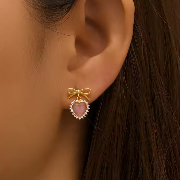 Bow with Pink Dangling Heart Earring