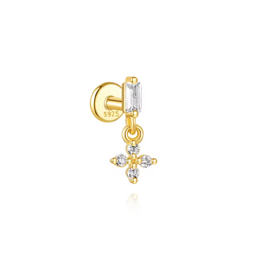 Baguette with Dangling Four Petals Stud Earring