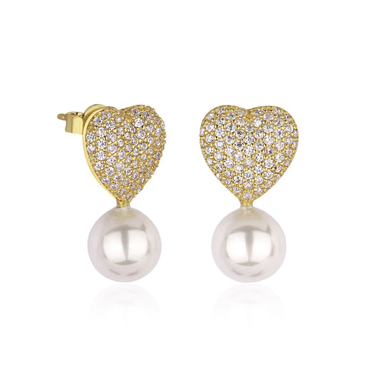 Pavé Heart Pearl Earrings