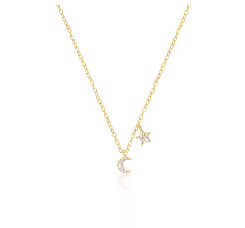 Dangling Pavé Moon Star Charms Necklace