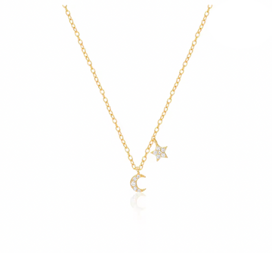 Dangling Pavé Moon Star Charms Necklace