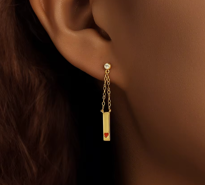 Dangling Bar with Red Heart Tassel Earring