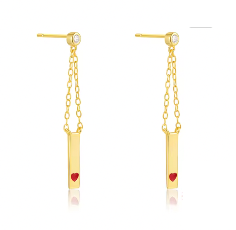 Dangling Bar with Red Heart Tassel Earring