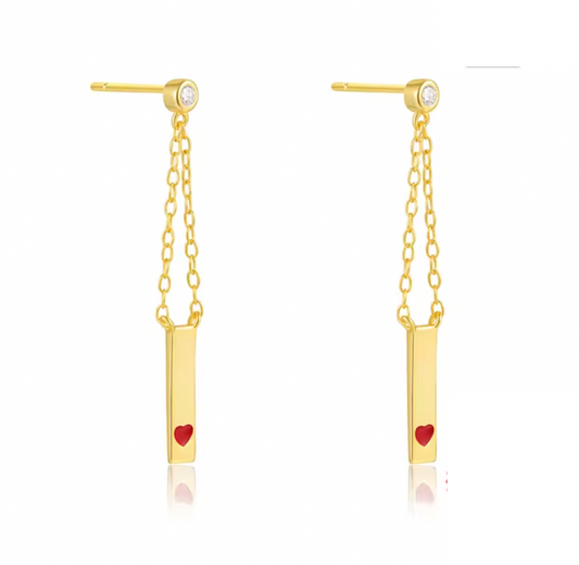 Dangling Bar with Red Heart Tassel Earring