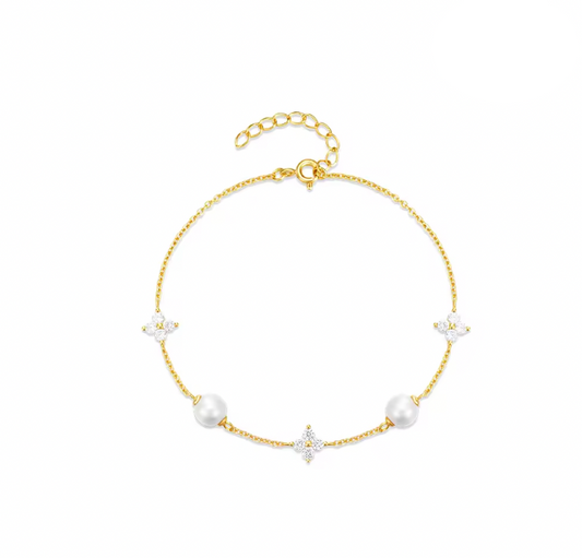 Triple Four Petals Double Pearls Bracelet