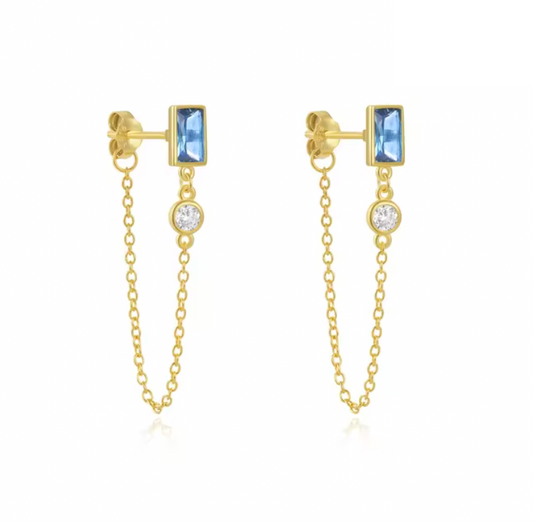 Blue Baguette with Circle Stone Tassel Earring