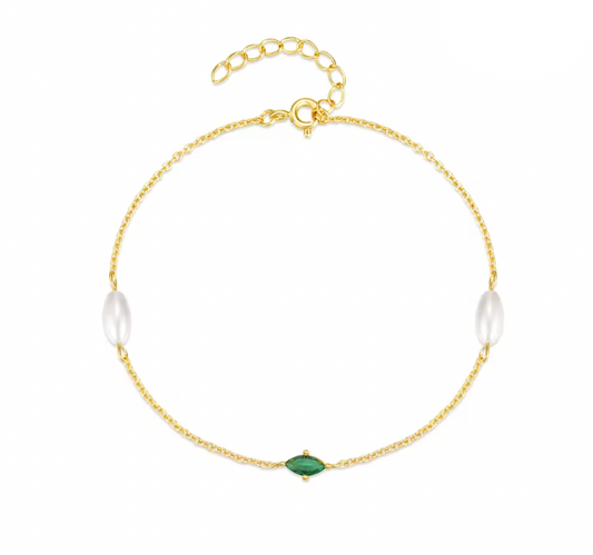 Green Marquise Double Pearls Bracelet