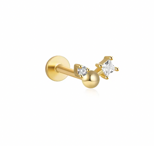 Golden Ball with Square & Circle Stone Stud Earring