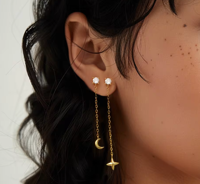 Circle Stud with Dangling Galaxy Tassel Earrings