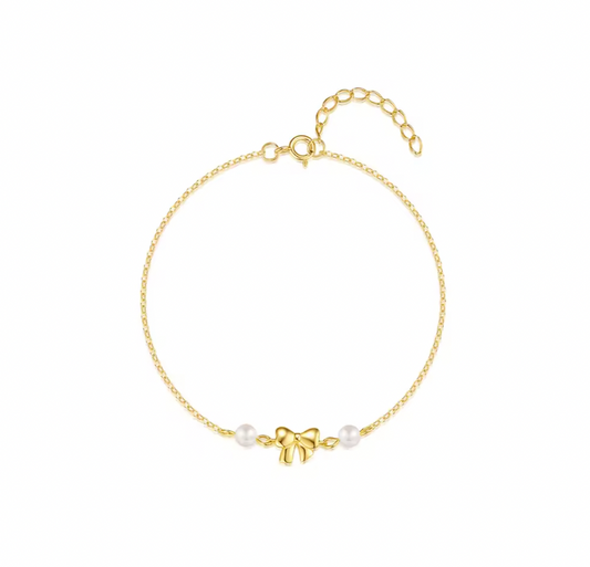 Golden Bow Double Pearls Bracelet