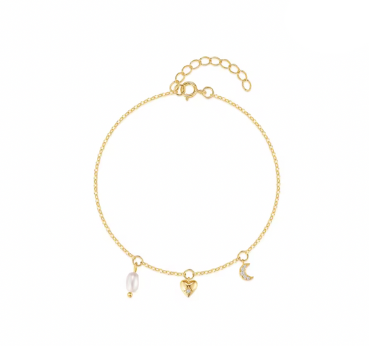 Dangling Pearl Heart Moon Bracelet