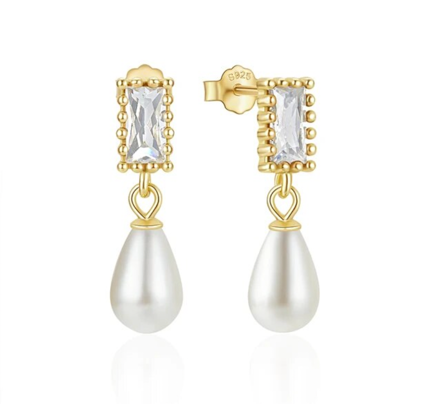 Baguette with Dangling Pearl Stud
