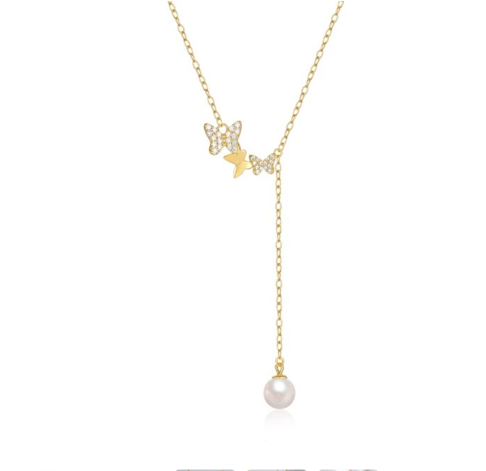 Triple Pavé Butterfly with Pearl Lariat Necklace