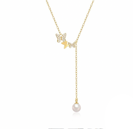 Triple Pavé Butterfly with Pearl Lariat Necklace