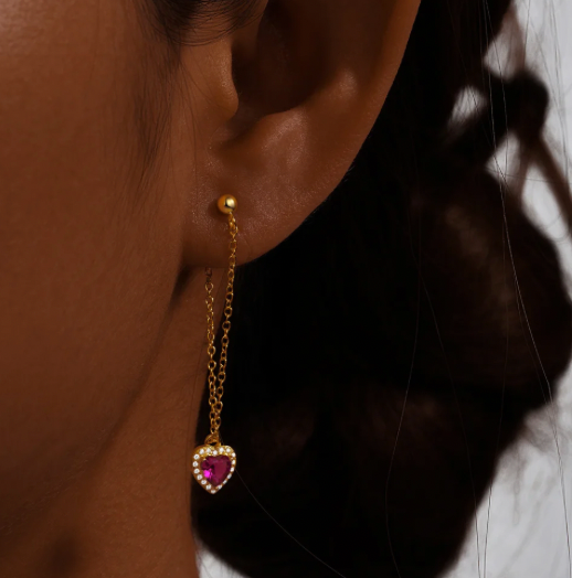 Circle Ruby Heart Chain Tassel Earring