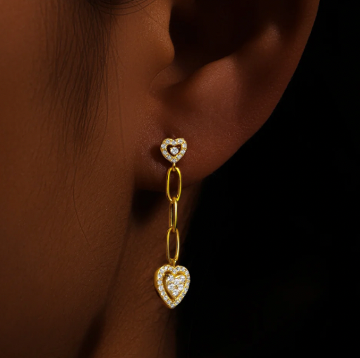 Double Crystal Heart Linked Tassel Earring