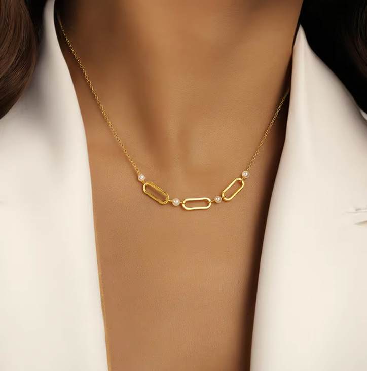 Triple Hollow Ovals & Pearls Necklace