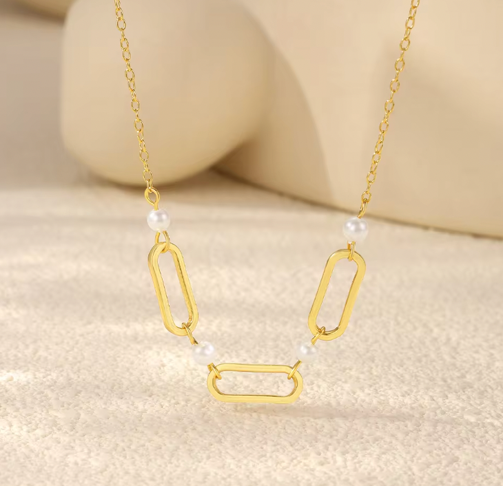 Triple Hollow Ovals & Pearls Necklace
