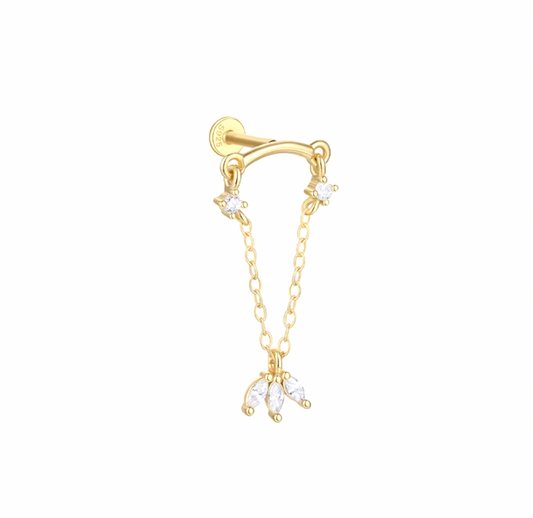 Dangling Chain Crystal Lotus Curved Bar Stud