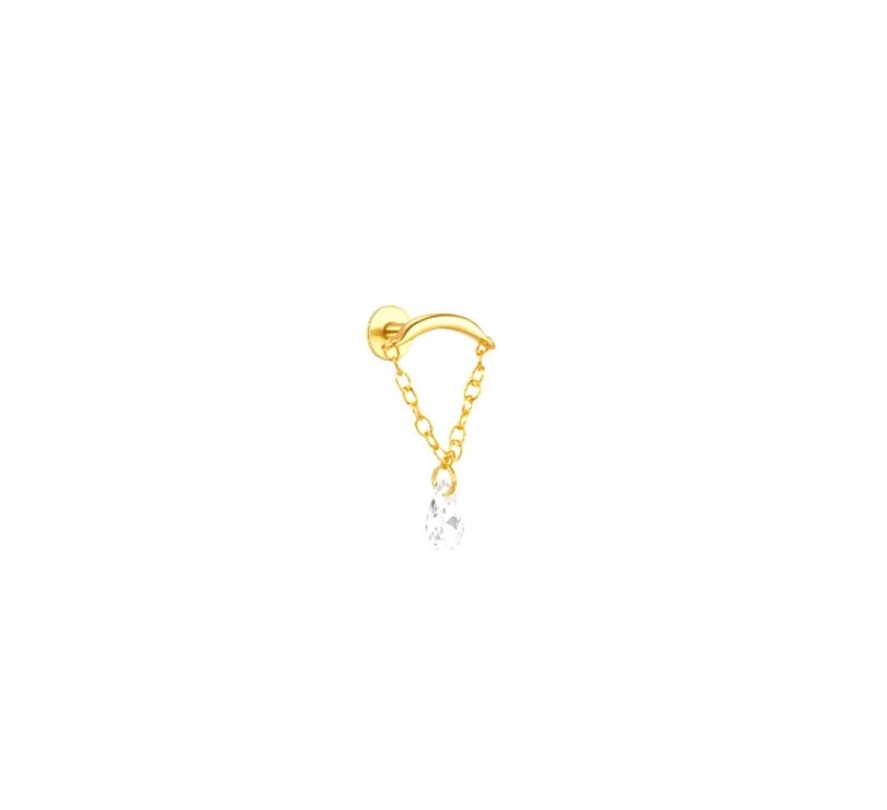 Dangling Crystal Pear Chained Curved Bar Stud