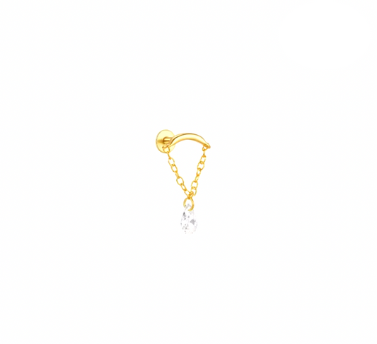 Dangling Crystal Pear Chained Curved Bar Stud