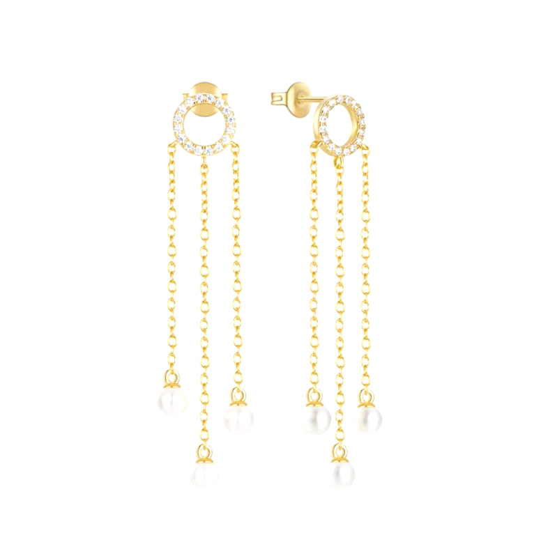 Hollow Pavé Circle Triple Chains Pearls Tassel Earring