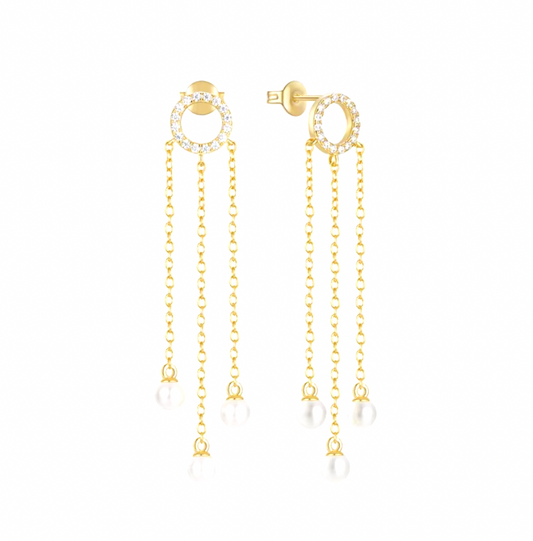 Hollow Pavé Circle Triple Chains Pearls Tassel Earring