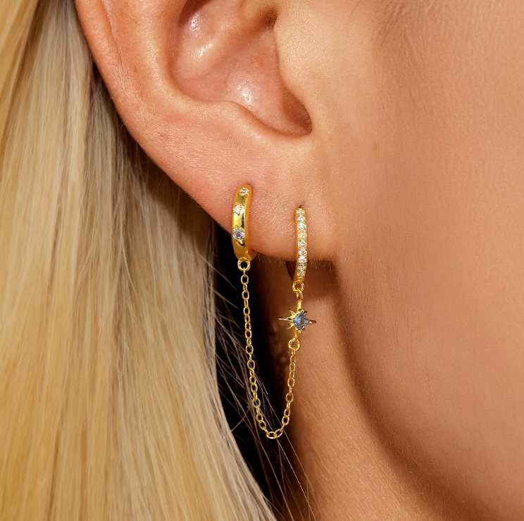 Dangling North Star Chain on Hoops Earring