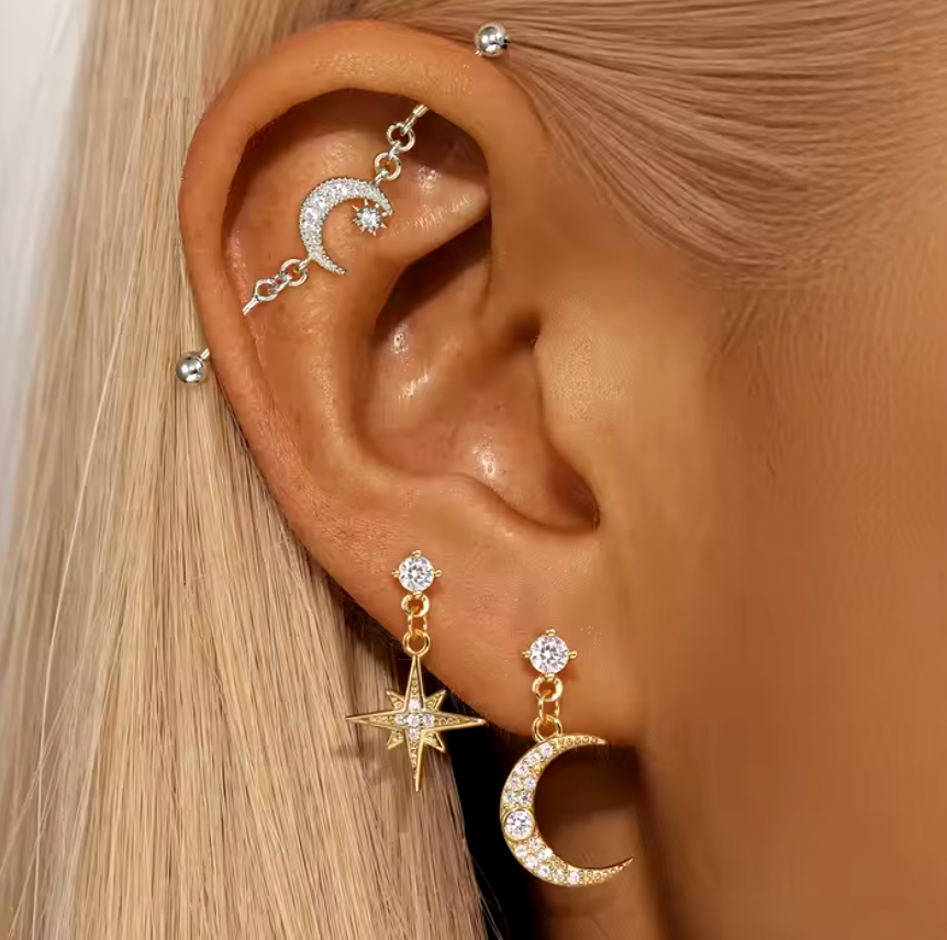 Linked Moon Star Industrial Earring