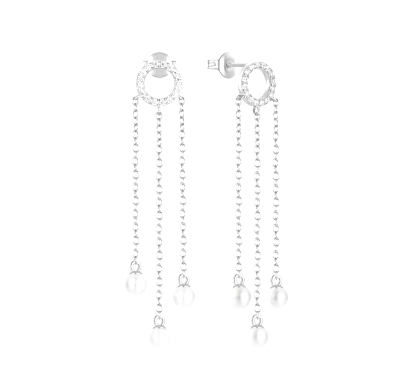 Hollow Pavé Circle Triple Chains Pearls Tassel Earring