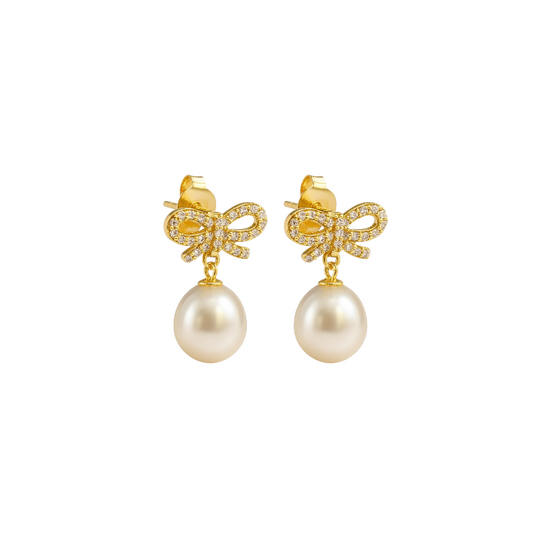 Pavé Bow Pearl Drop Stud