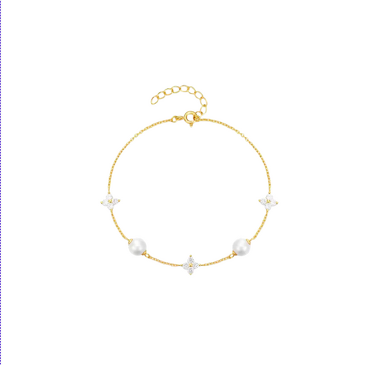 Triple Four Petals Double Pearls Bracelet